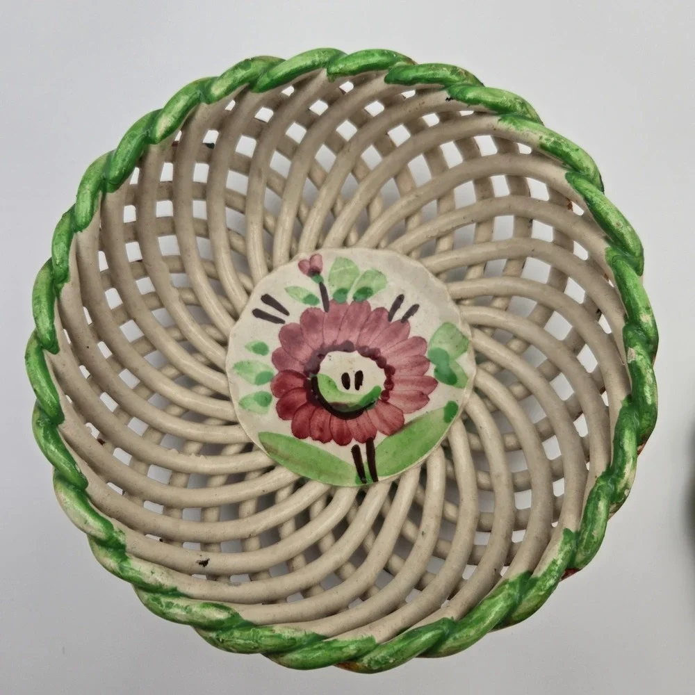 Vintage Lidded Spanish Porcelain Woven Trinket Box Lattice Potpourri Bowl Spain